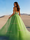 Crystal Tulle Green Spaghetti Straps Prom Dress