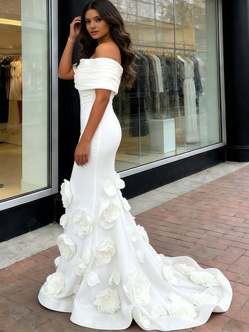 Satin Trumpet Mermaid Flower Off The Shoulder Wedding Dress