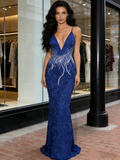 Trumpet Mermaid Flower Royal Blue Beading V Neck Prom Dress