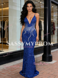 Trumpet Mermaid Flower Royal Blue Beading V Neck Prom Dress