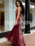 V Neck Trumpet Mermaid Burgundy Sparkle Tulle Prom Dress