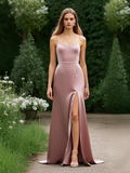 A Line V Neck Dusty Pink Satin Prom Dress With Slit