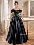 Black Satin A Line Off The Shoulder Prom Dress