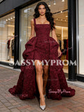 Tulle Square High Low Burgundy Ruffles Prom Dress