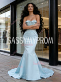 Satin Trumpet Mermaid Ruffles Light Blue Strapless Prom Dress
