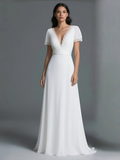 V Neck Chiffon A Line Short Sleeve Wedding Dress