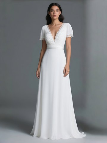 V Neck Chiffon A Line Short Sleeve Wedding Dress