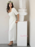 Short Sleeve Sheath Column Satin Ankle Length Wedding Dress