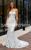 Crystal Trumpet Mermaid White Beading Strapless Prom Dress