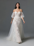 Tulle Flower A Line Puffy Short Sleeve Weddign Dress