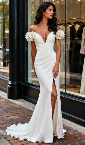 Off The Shoulder Satin Trumpet Mermaid Flower Wedding Dress With Slit