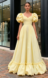 Sweetheart A Line Satin Puffy Sleeve Yellow Prom Dress
