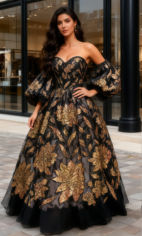 Beading Black Flower Puffy Sleeves Ball Gown Prom Dress