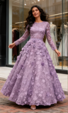 Long Sleeve Scoop Purple A Line Floral Prom Dress