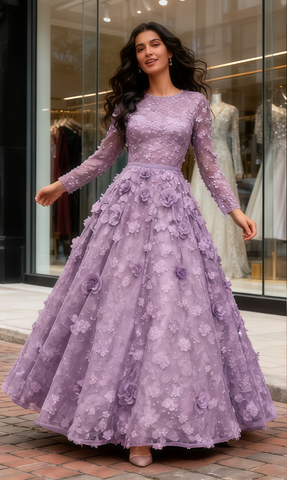 Long Sleeve Scoop Purple A Line Floral Prom Dress
