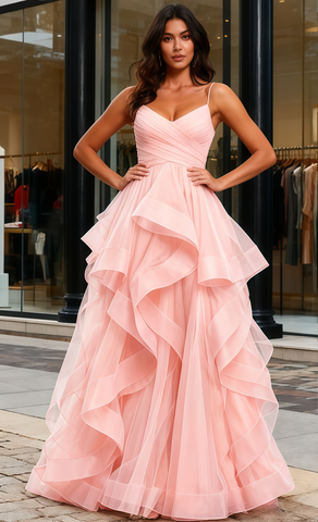 Ruffles A Line Tulle Spaghetti Straps Pink Prom Dress