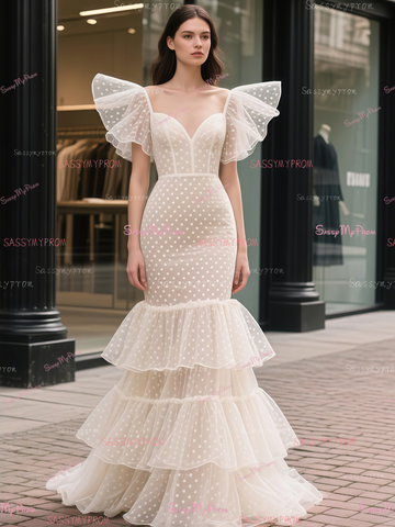 Polka Dot Ruffles Sleeves Trumpet Mermaid Beige Wedding Dress