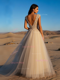 Beading Backless Champagne V Neck A Line Prom Dress