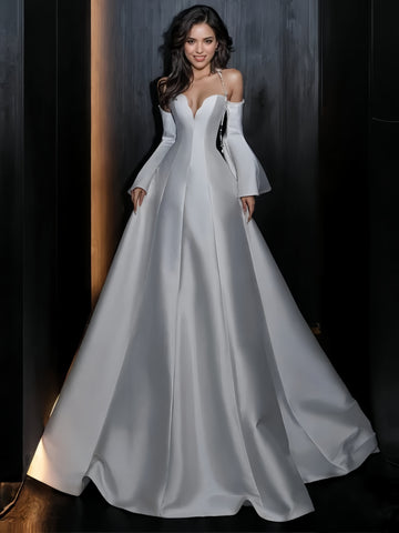 Sweetheart Satin Long Sleeve A Line Wedding Dress