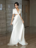 V Neck Backless White Satin Short Sleeve Wedding Dress