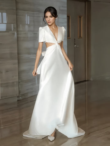 V Neck Backless White Satin Short Sleeve Wedding Dress