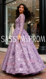 Long Sleeve Scoop Purple A Line Floral Prom Dress