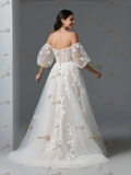 Tulle Flower A Line Puffy Short Sleeve Weddign Dress