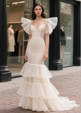 Polka Dot Ruffles Sleeves Trumpet Mermaid Beige Wedding Dress