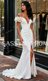 Off The Shoulder Satin Trumpet Mermaid Flower Wedding Dress With Slit
