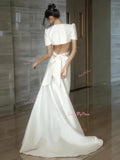 V Neck Backless White Satin Short Sleeve Wedding Dress