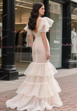 Polka Dot Ruffles Sleeves Trumpet Mermaid Beige Wedding Dress