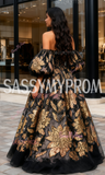 Beading Black Flower Puffy Sleeves Ball Gown Prom Dress