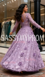 Long Sleeve Scoop Purple A Line Floral Prom Dress