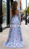 High Neck Long Sleeve Purple Floral Beading Prom Dress