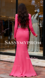 Trumpet Mermaid V Neck Hot Pink Long Sleeve Beading Prom Dress With Slit