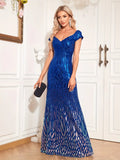 Sapphire Off-Shoulder Cap Sleeves Sequined Mermaid Dress