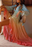 Rainbow V-Neck Ruffle Trim High Low Summer Dress