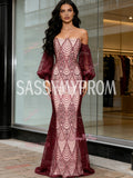 Long Sleeves Strapless Beading Trumpet Mermaid Prom Dress