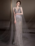 Sheath Column V Neck Shawl Silver Sequin Prom Dress