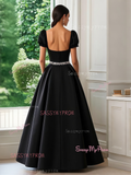 Beading Square Neck Black Puffy Sleeve Satin Prom Dress