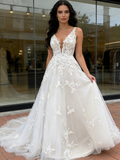 Appliques Tulle V Neck A Line Wedding Dress