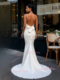 Trumpet Mermaid Satin White Spaghetti Straps Backless Prom Dress