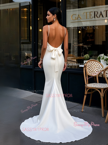 Trumpet Mermaid Satin White Spaghetti Straps Backless Prom Dress Trumpet Mermaid Satin White Spaghetti Straps Backless Prom Dress