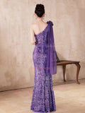Flower Sequin Trumpet Merm Shoulder Purple Prom Dressaid One