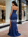 Trumpet Mermaid Flower Blue Strapless Prom Dress With Slit