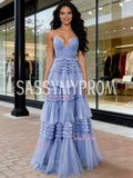 Pleats Tulle V Neck Sparkle Light Ruffles Prom Dress