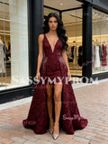 V Neck Beading High Low A Line Burgundy Prom Dress