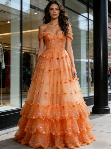 Beading Ruffles Orange Off The Shoulder A Line Tulle Prom Dress