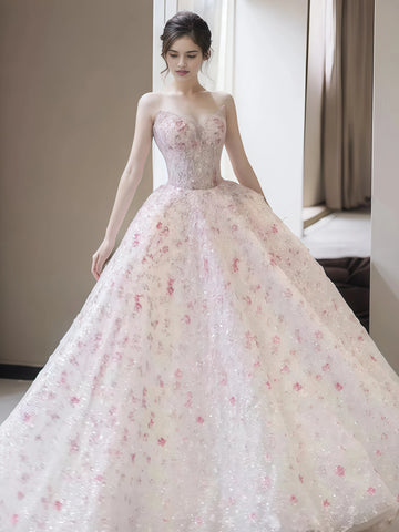 A Line Sweetheart Pink Sequin Flower Prom Dress
