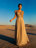 Chiffon Appliques A Line Cap Sleeve Gold V Neck Prom Dress